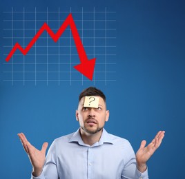Image of Man with question mark and illustration of falling down chart on light blue background. Economy recession concept