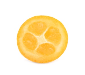 Photo of Half of fresh ripe kumquat isolated on white