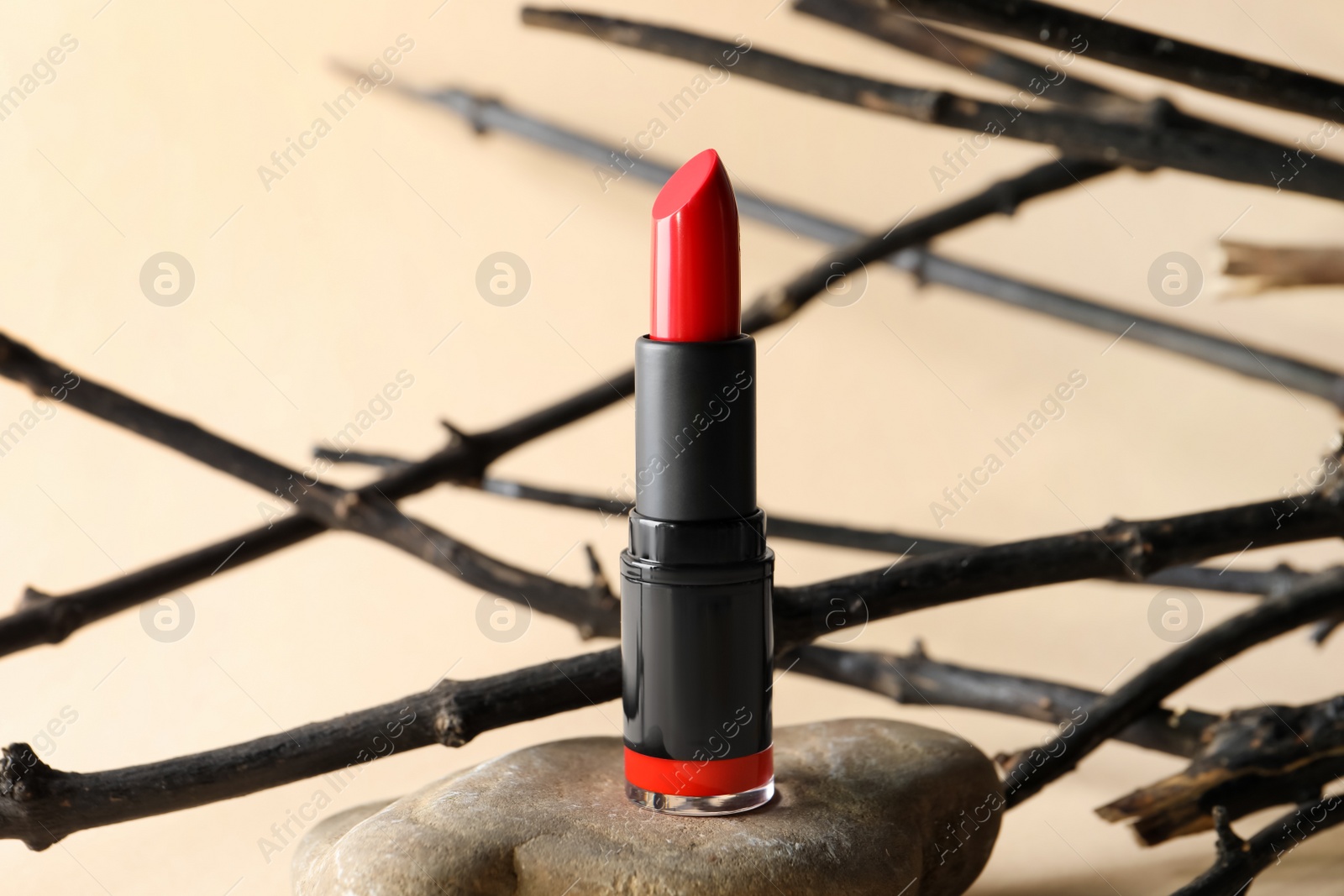 Photo of Beautiful red lipstick on stone and tree twigs against beige background