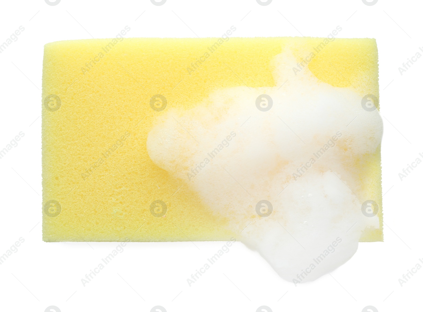 Photo of Yellow sponge with foam isolated on white, top view
