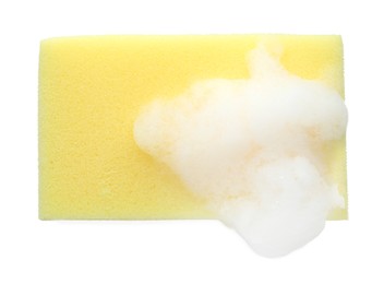 Yellow sponge with foam isolated on white, top view