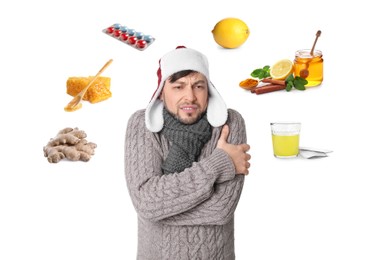 Image of SIck man surrounded by different drugs and products for illness treatment on white background
