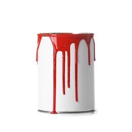 Photo of Open red paint can with stains isolated on white