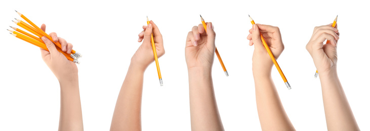 Collage of woman holding pencils on white background, closeup 