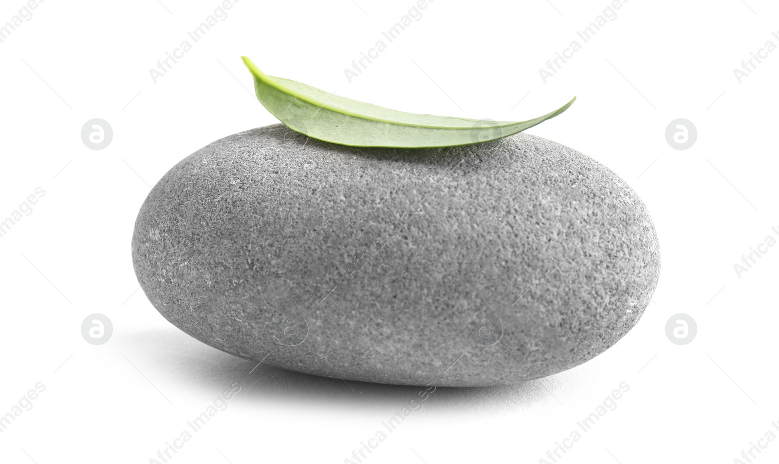 Photo of Spa stone with green leaf isolated on white