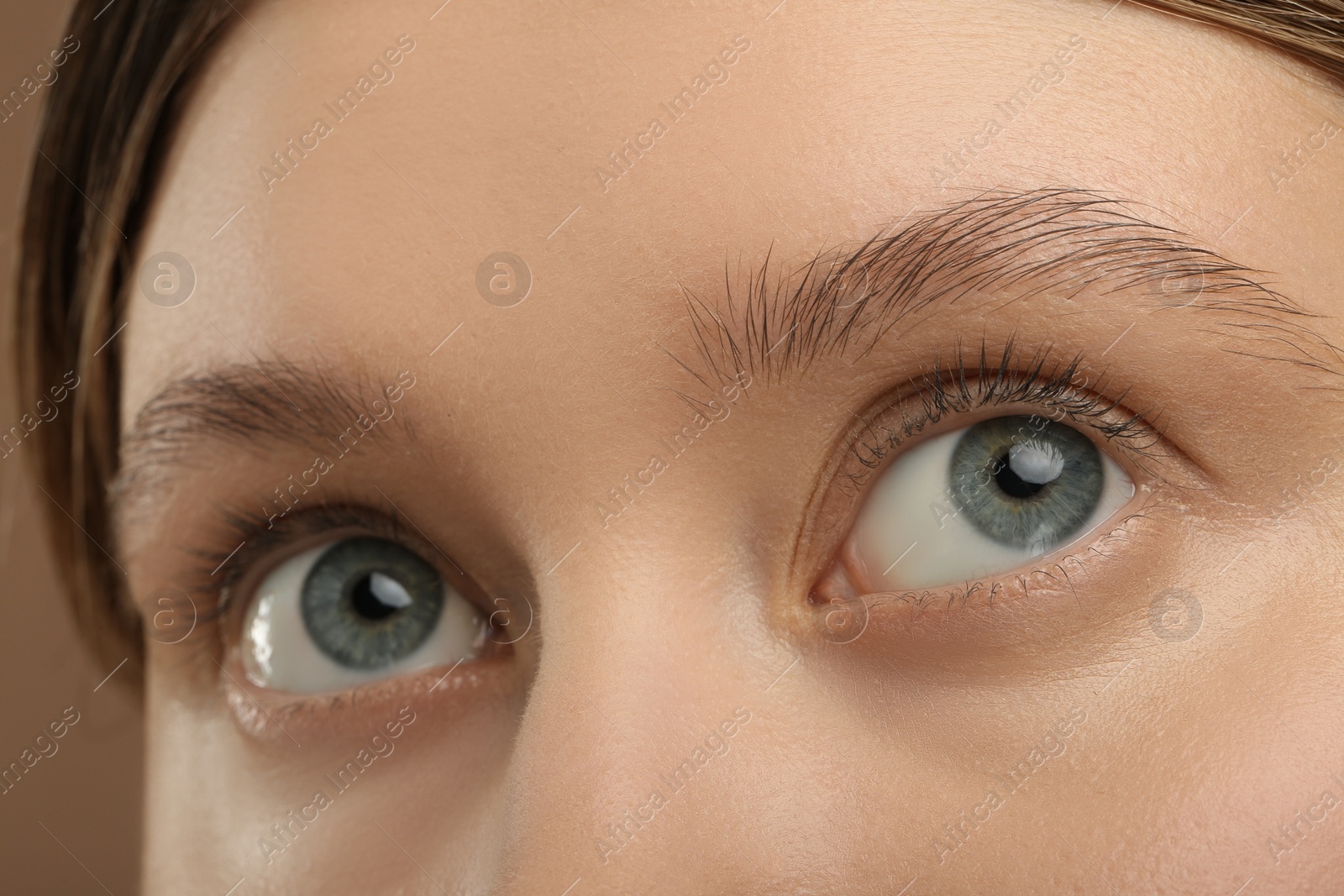 Photo of Woman with beautiful natural eyelashes on light brown background, closeup