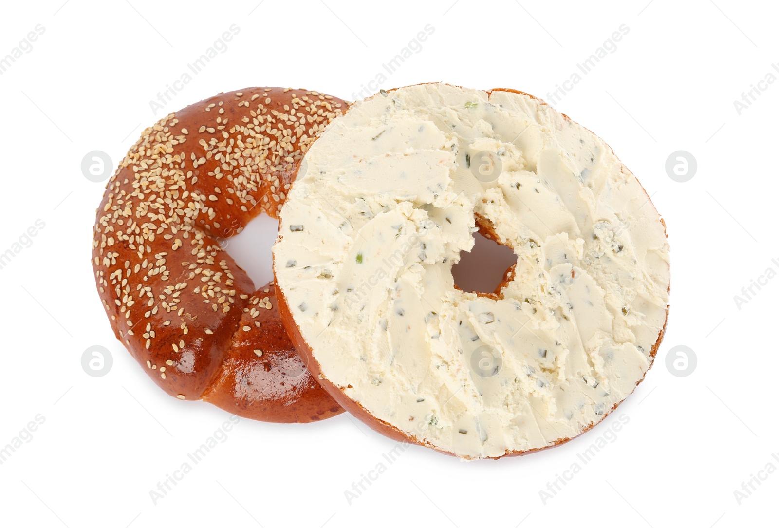 Photo of Delicious fresh bagel with cream cheese on white background, top view