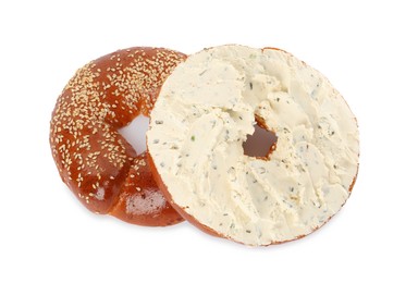 Photo of Delicious fresh bagel with cream cheese on white background, top view