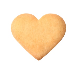 Photo of Heart shaped cookie on white background, top view