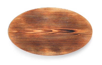 Photo of Wooden board on white background, top view. Kitchen accessory