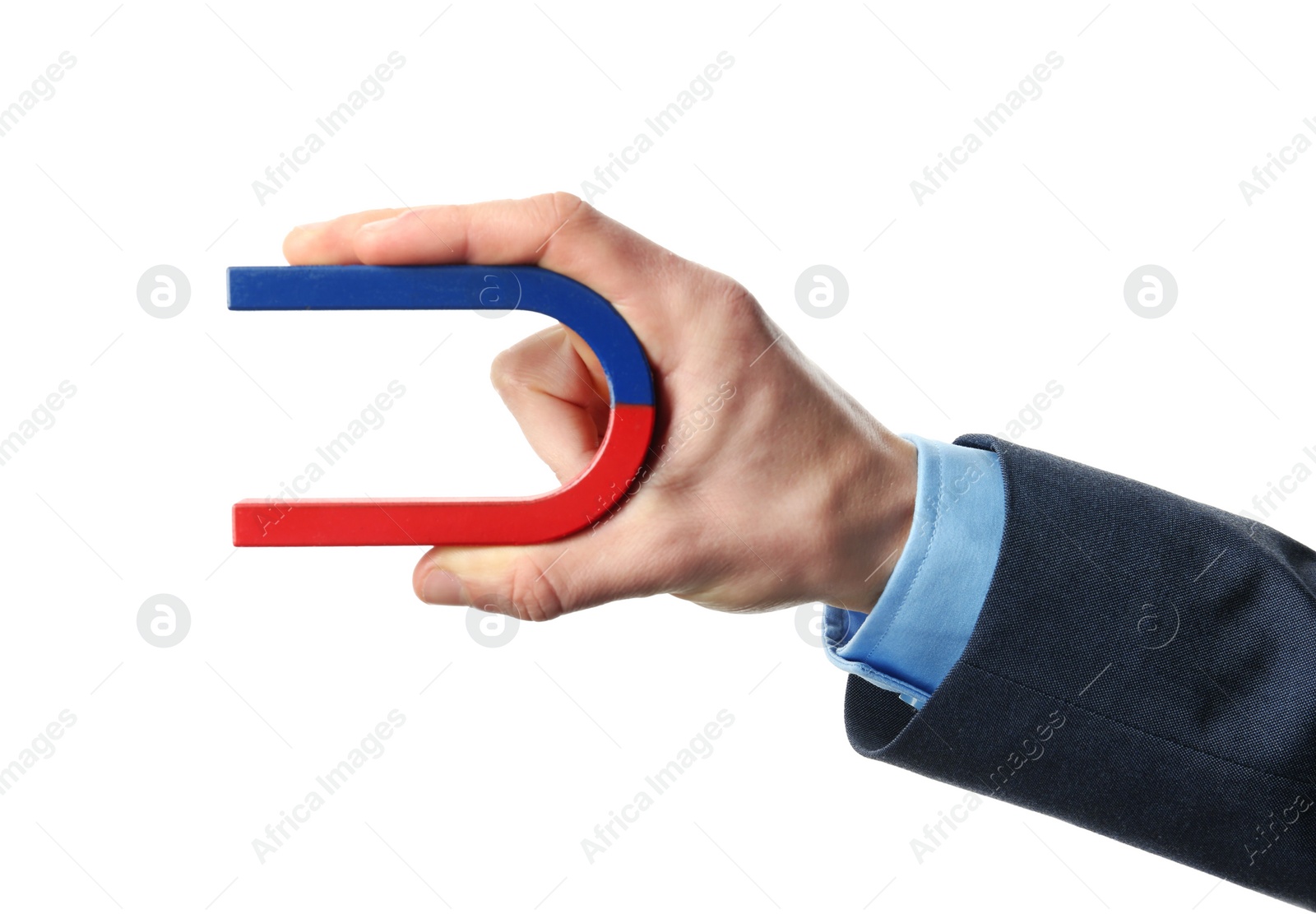 Photo of Man holding magnet on white background, closeup