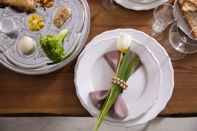 Festive Passover table setting, top view. Pesach celebration