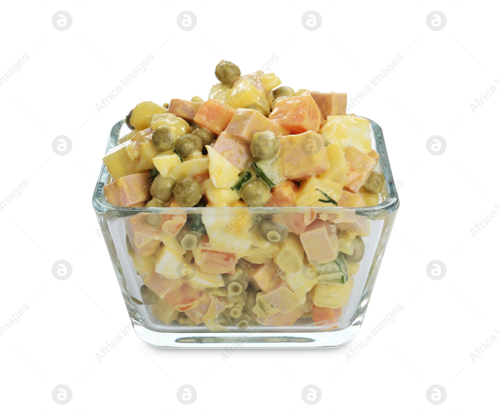 Photo of Delicious russian salad Olivier on white background