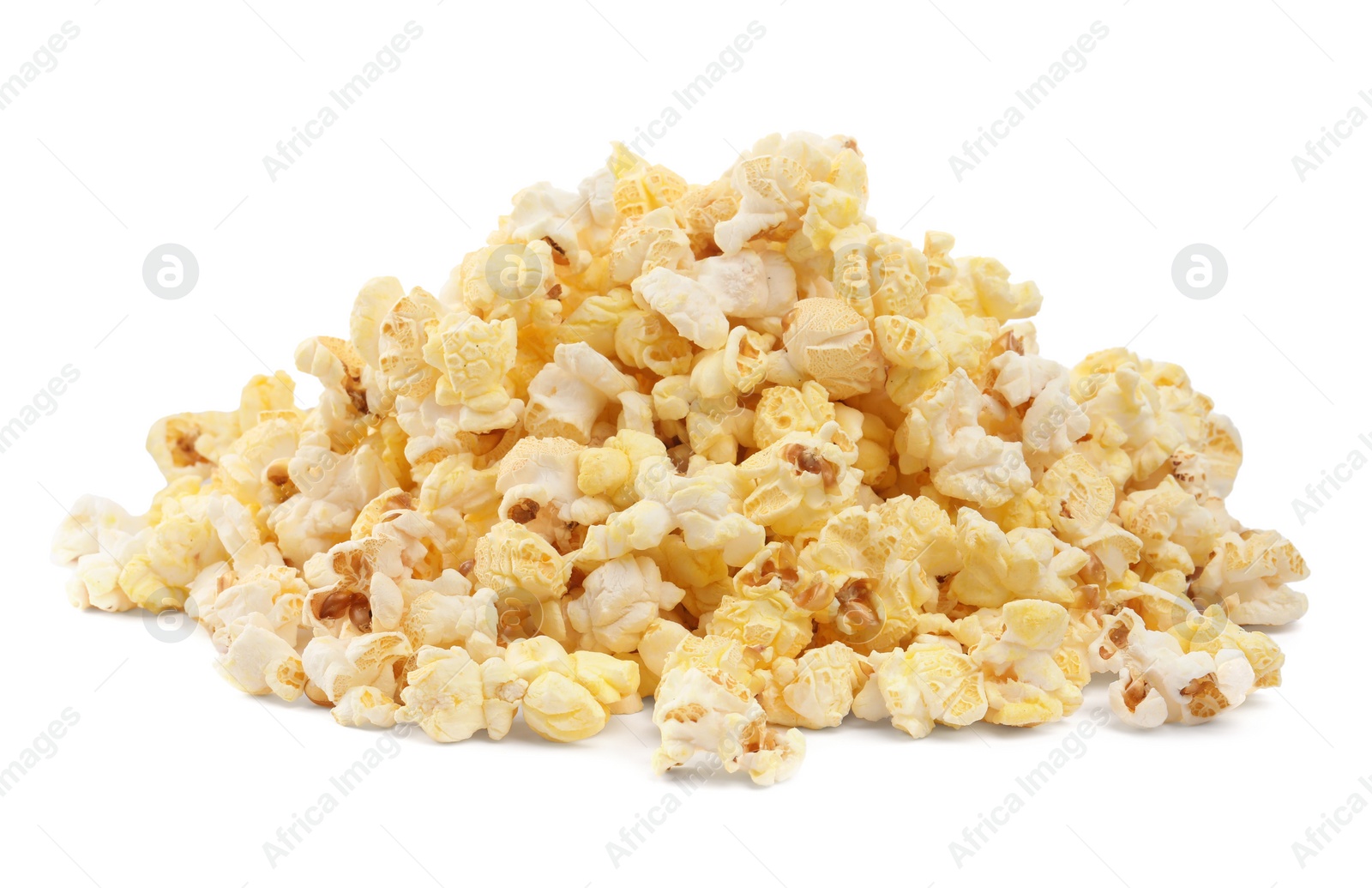 Photo of Pile of tasty fresh popcorn isolated on white