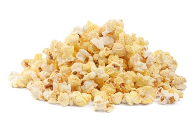 Photo of Pile of tasty fresh popcorn isolated on white