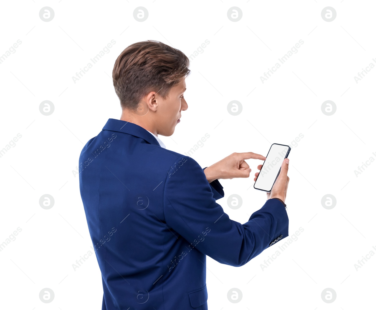 Photo of Man using phone with blank screen on white background