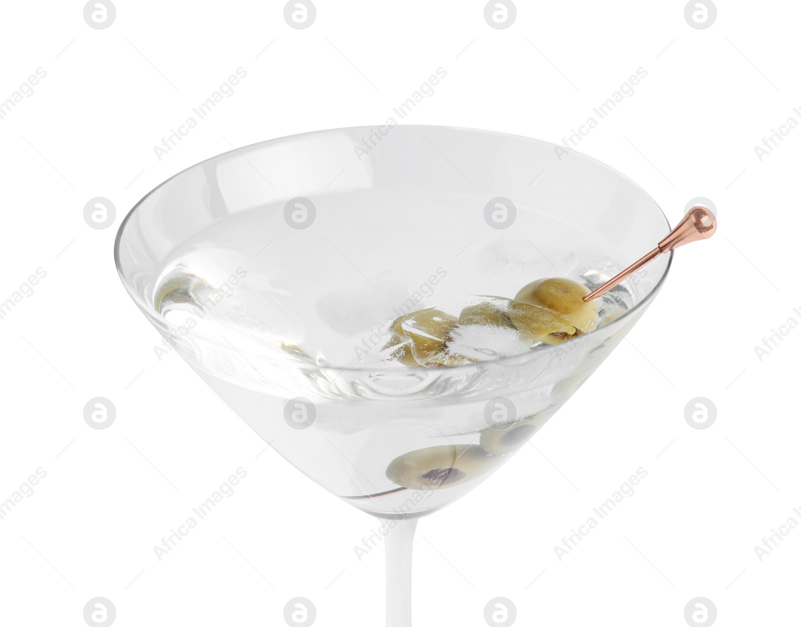 Photo of Martini cocktail with ice and olives on white background, closeup