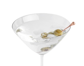 Martini cocktail with ice and olives on white background, closeup