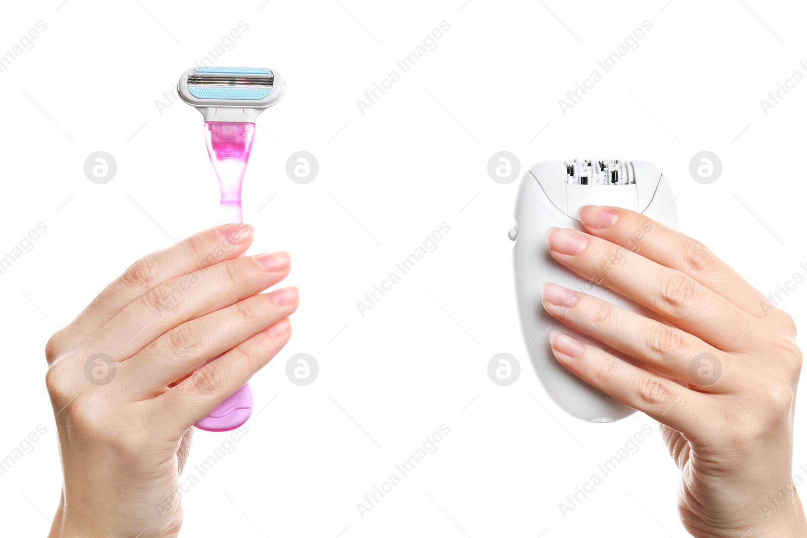 Photo of Woman holding epilator and razor on white background, closeup