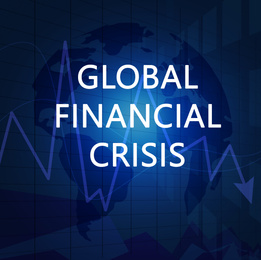 Illustration of  chart and world map on blue background. Coronavirus impact on global financial crisis