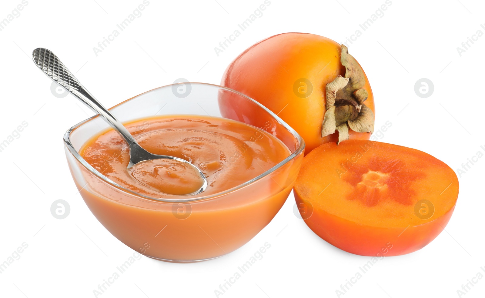 Photo of Delicious persimmon jam and fresh fruits isolated on white