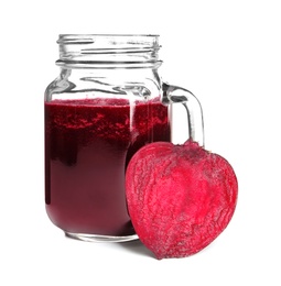 Mason jar of beet smoothie on white background