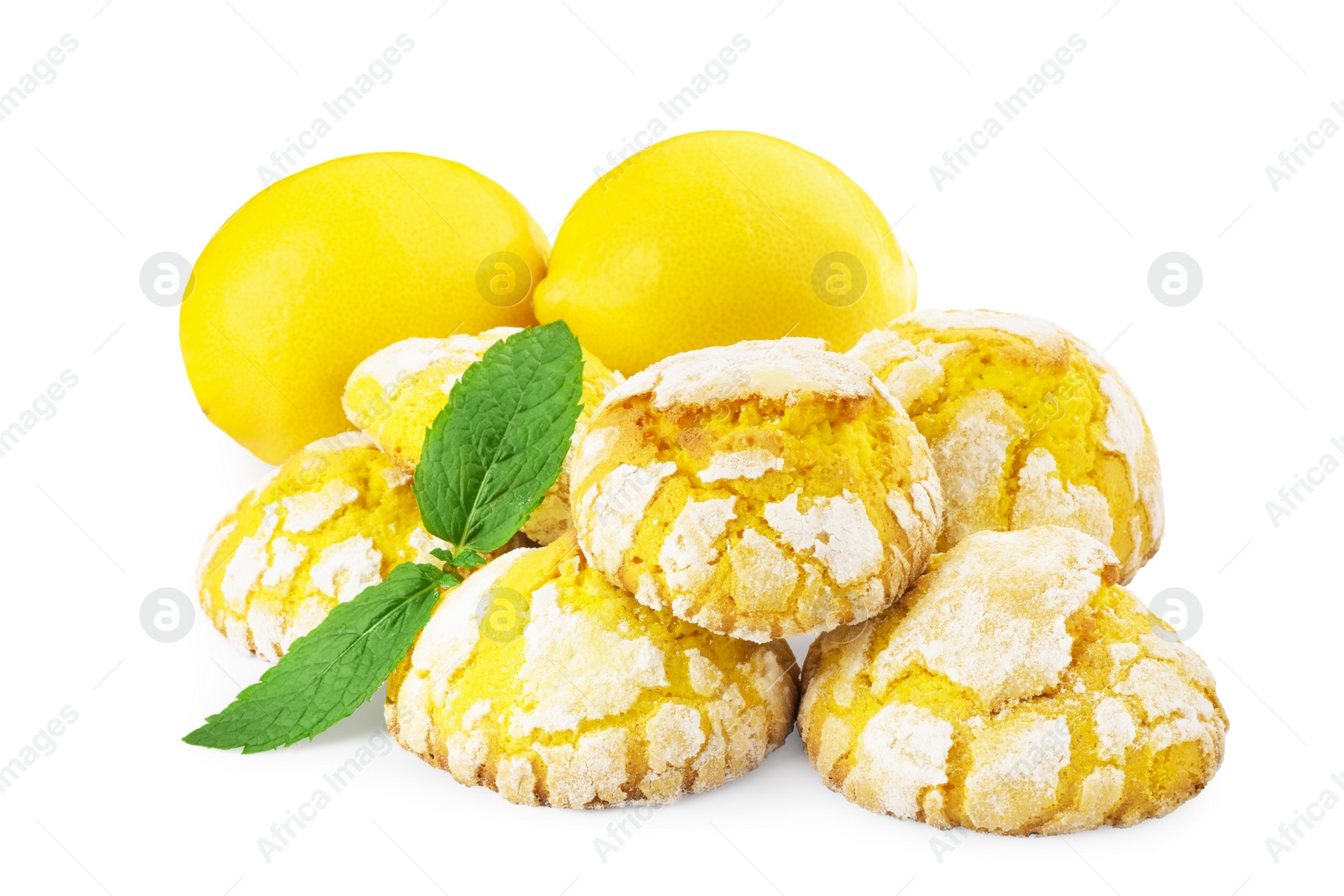 Photo of Tasty homemade lemon cookies, mint and fresh fruits on white background