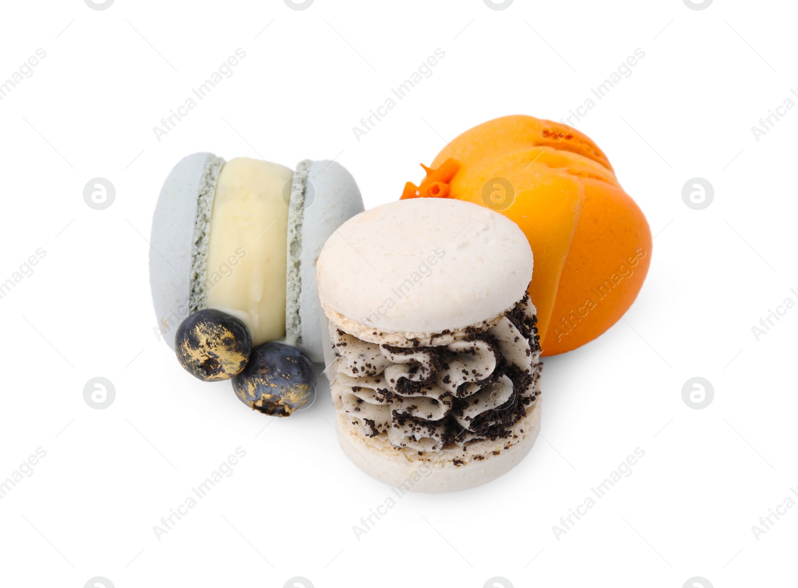 Photo of Different delicious sweet macarons isolated on white