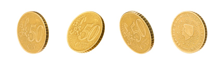Image of Set with euro cent coins on white background. Banner design