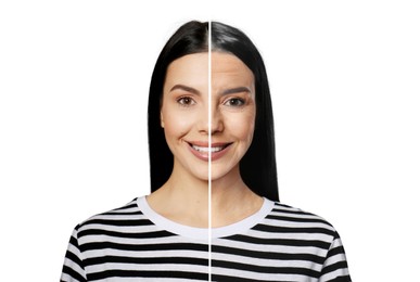 Changes in appearance during aging. Portrait of woman divided in half to show her in younger and older ages. Collage design on white background