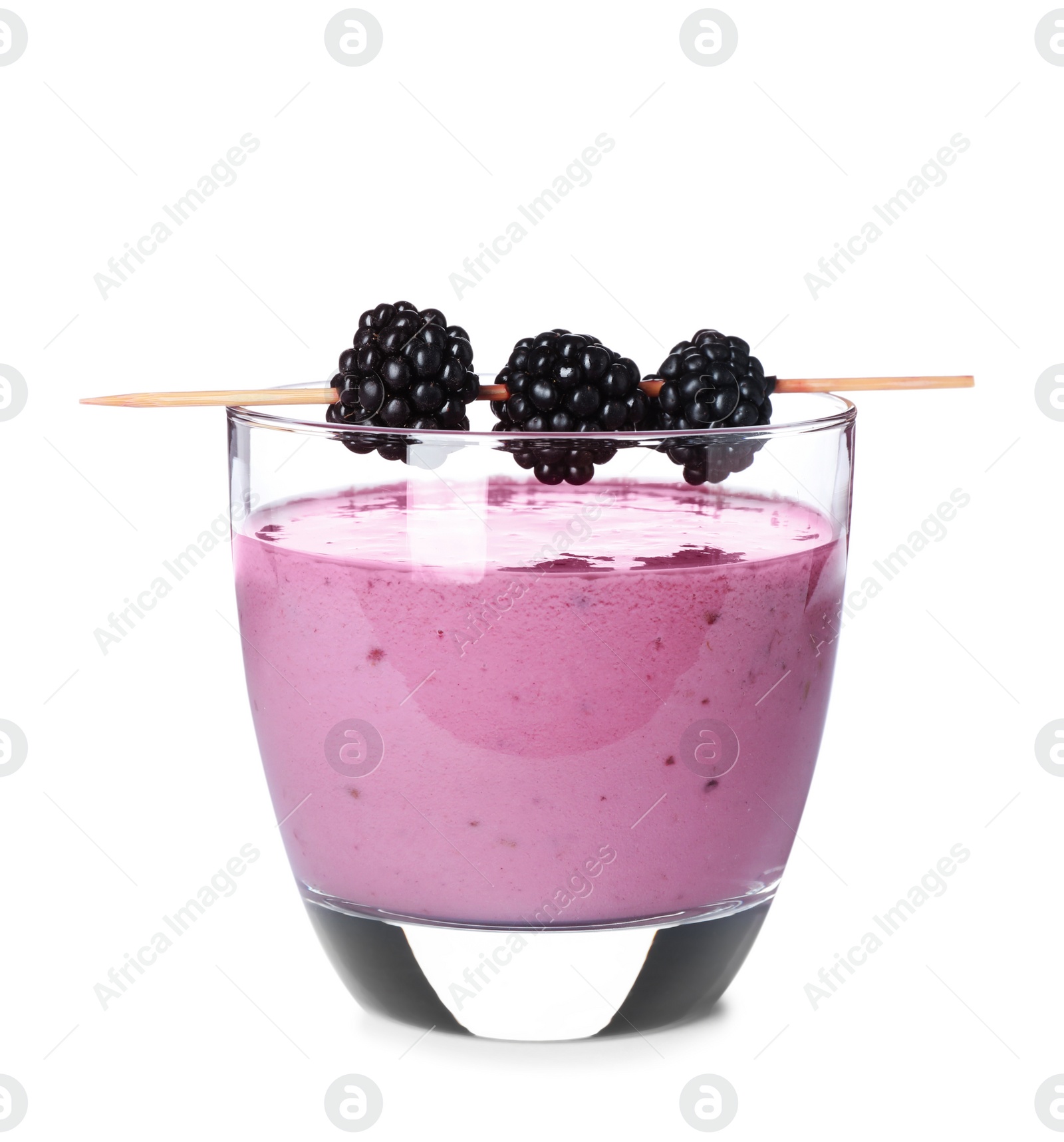 Photo of Glass with blackberry yogurt smoothie on white background