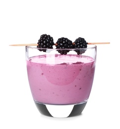 Photo of Glass with blackberry yogurt smoothie on white background