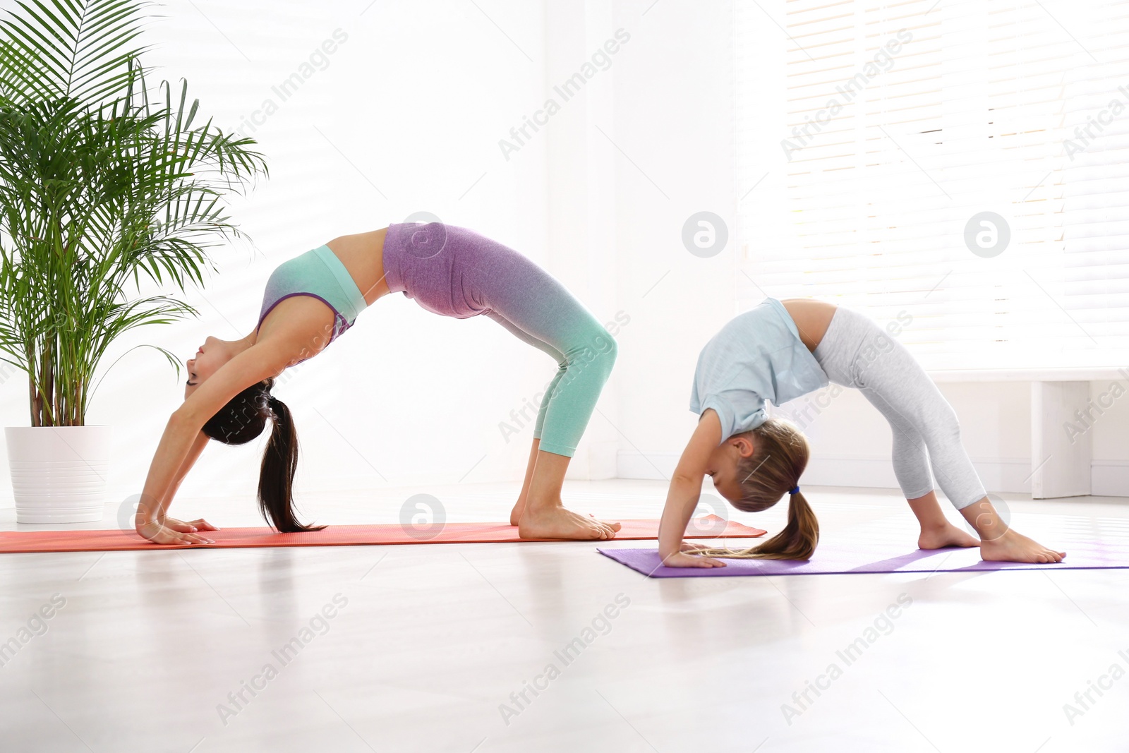 Photo of Woman and daughter doing yoga together at home. Fitness lifestyle