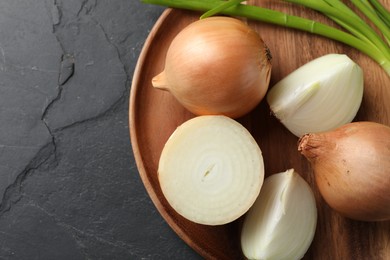Photo of Different sorts of onion on black textured table, top view. Space for text