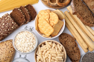 Photo of Different gluten free products on white background, flat lay