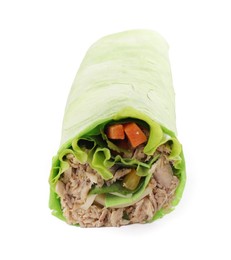 Photo of Delicious tortilla wrap with tuna isolated on white