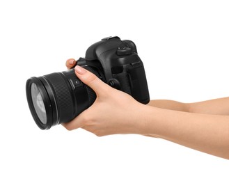 Photo of Photographer with camera on white background, closeup