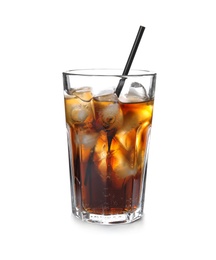 Photo of Glass of refreshing cola with ice on white background