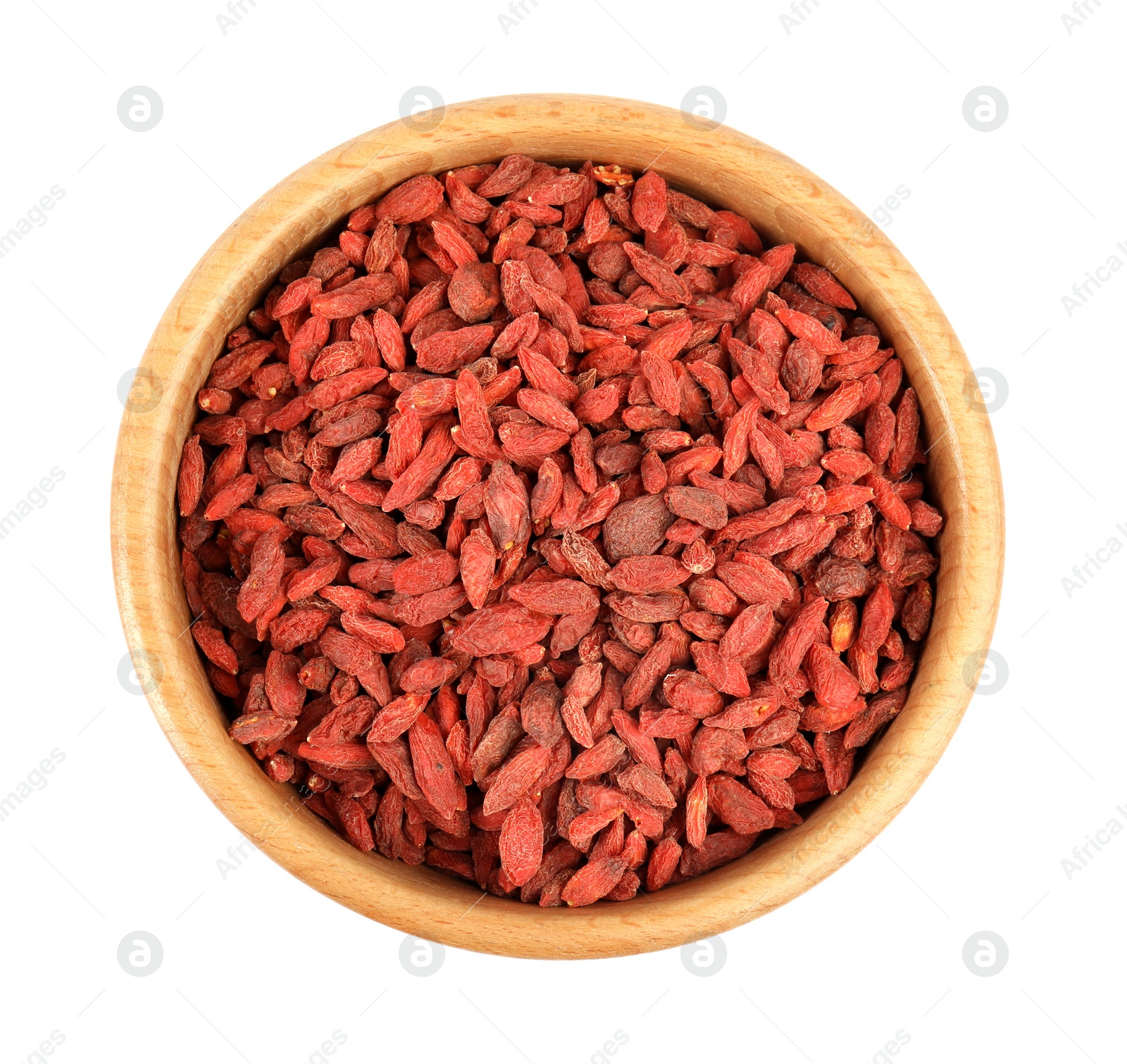 Photo of Wooden bowl with dried goji berries isolated on white, top view