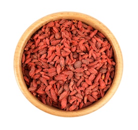 Photo of Wooden bowl with dried goji berries isolated on white, top view