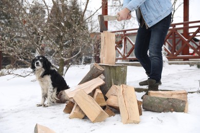 Photo of Man chopping wood with axe next to cute dog outdoors on winter day, closeup