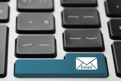 Image of Light blue button with word Email and illustration of envelope on keyboard, closeup