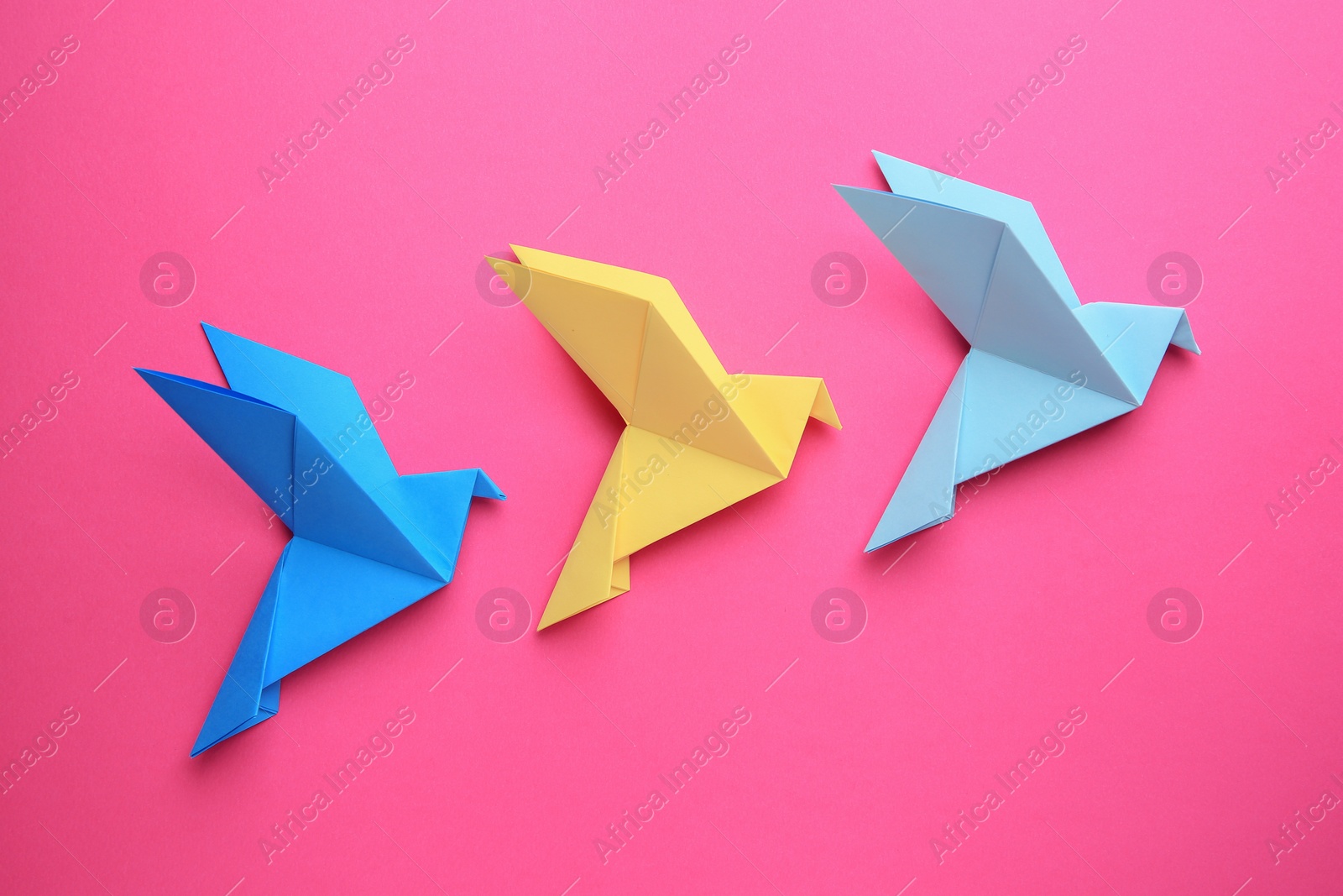 Photo of Beautiful colorful origami birds on pink background, flat lay