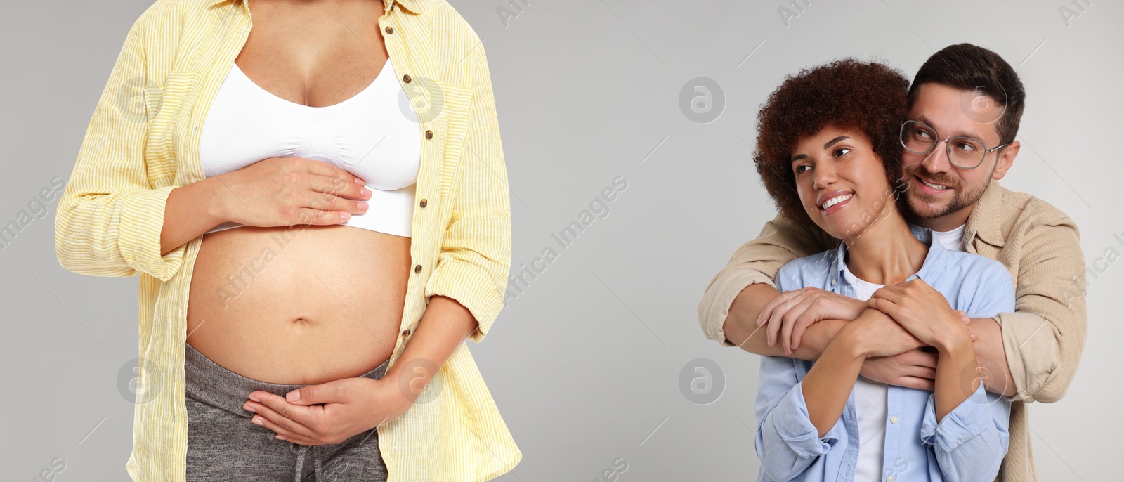 Image of Surrogate mother and intended parents on grey background. Banner design