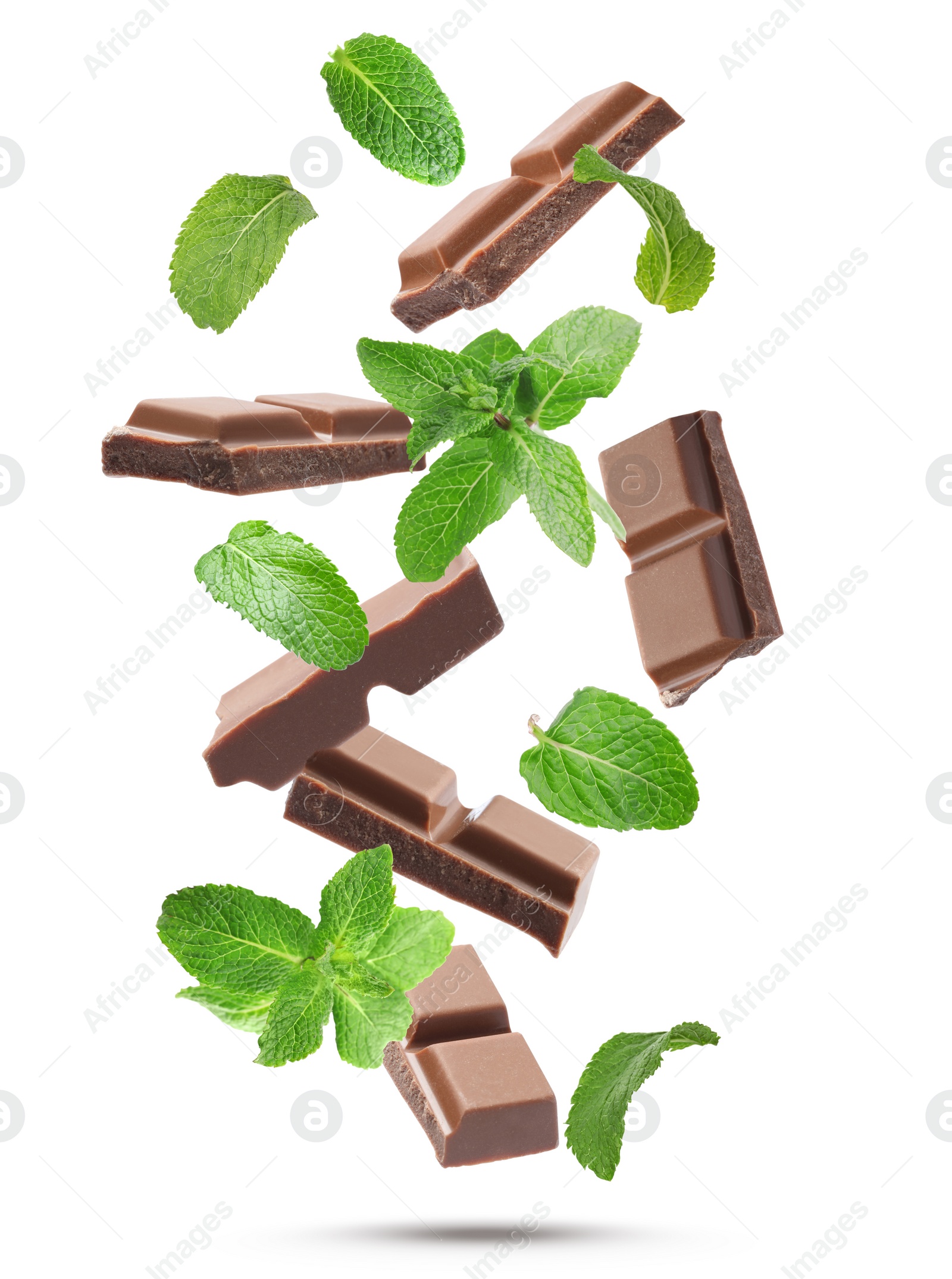 Image of Milk chocolate pieces and mint falling on white background