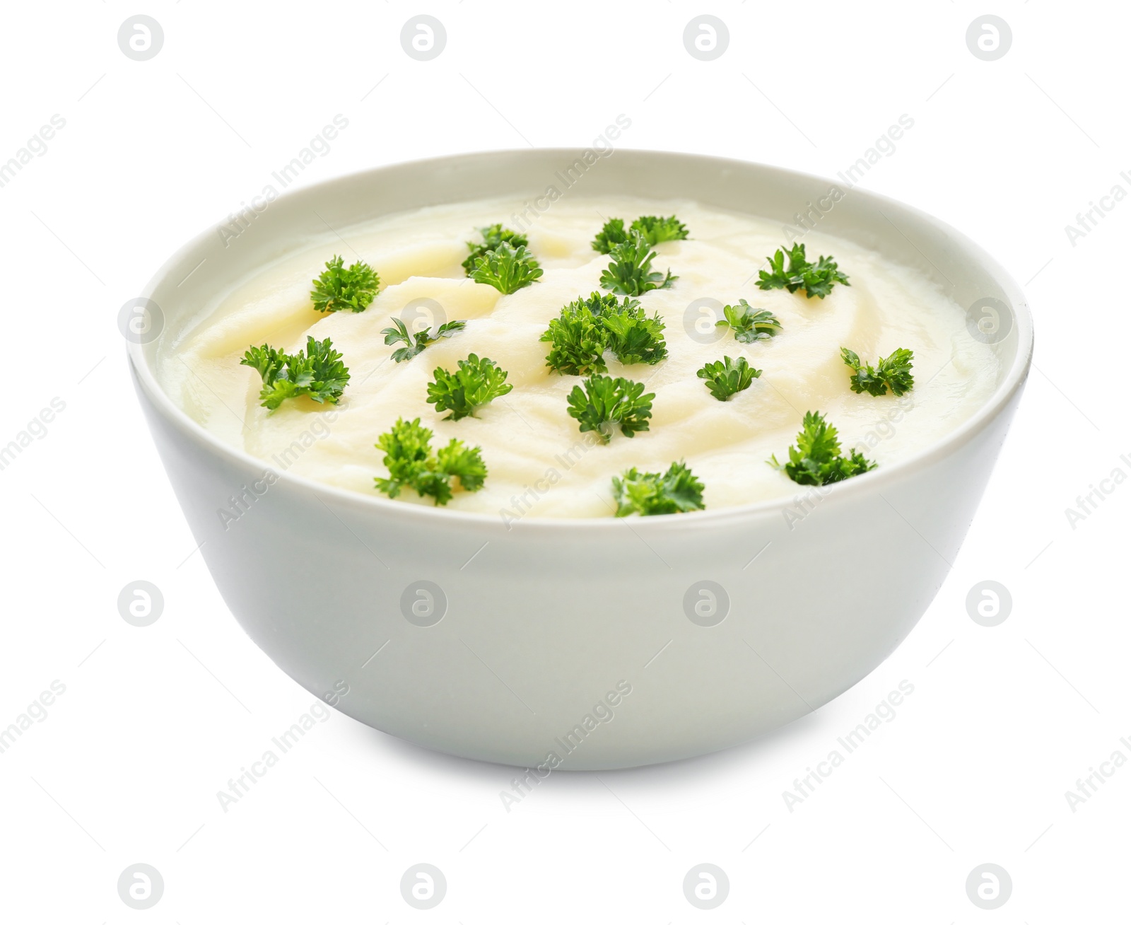 Photo of Bowl with tasty mashed potatoes on white background