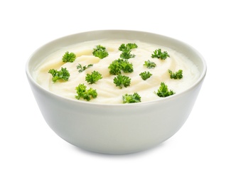 Photo of Bowl with tasty mashed potatoes on white background