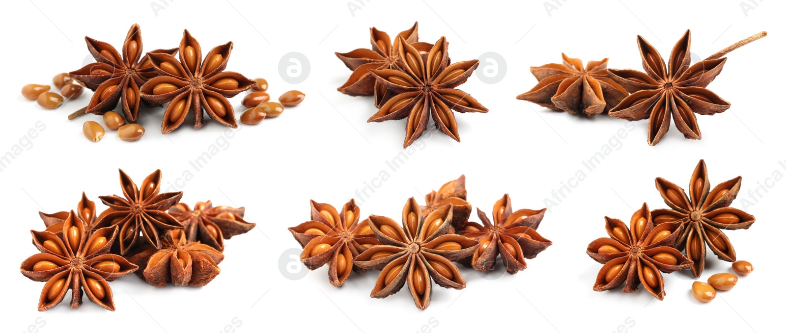 Image of Set with dry anise anise stars on white background. Banner design