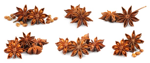 Image of Set with dry anise anise stars on white background. Banner design