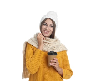 Photo of Happy beautiful woman with paper cup of mulled wine on white background